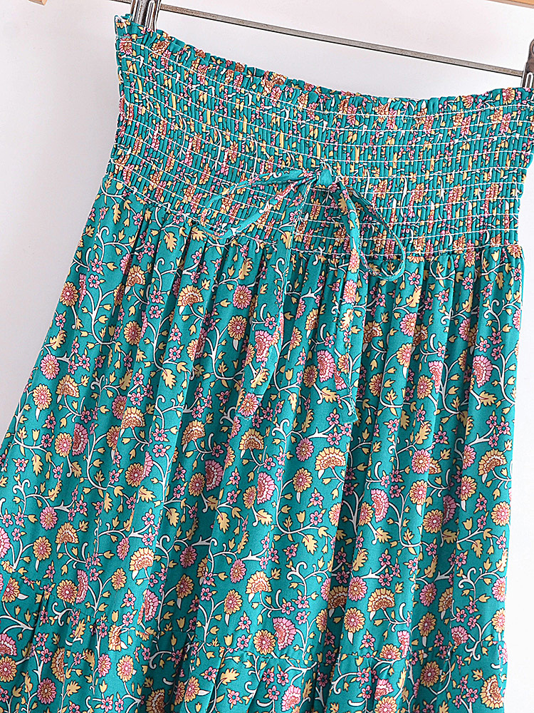 Vintage Chic Fashion Women Floral Print Beach Bohemian Pleated Skirt Rayon Cotton Elastic High-waisted Boho Maxi Skirts Femme