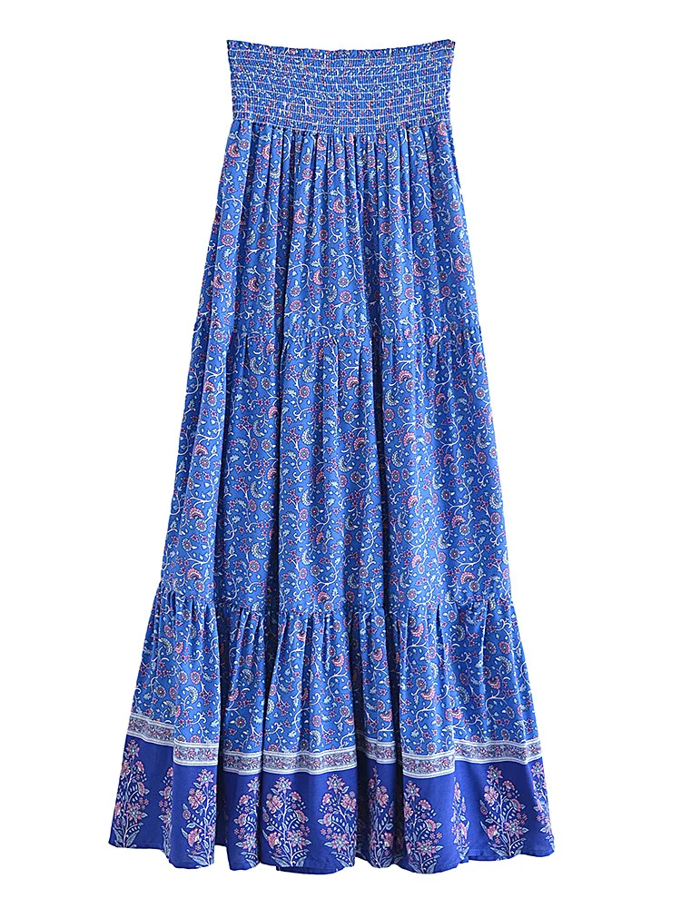 Vintage Chic Fashion Women Floral Print Beach Bohemian Pleated Skirt Rayon Cotton Elastic High-waisted Boho Maxi Skirts Femme