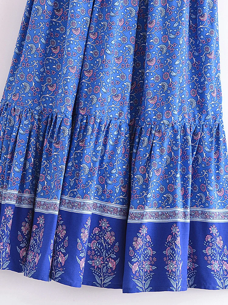 Vintage Chic Fashion Women Floral Print Beach Bohemian Pleated Skirt Rayon Cotton Elastic High-waisted Boho Maxi Skirts Femme
