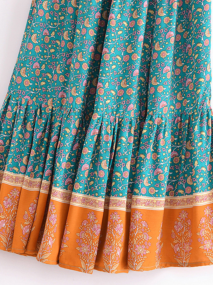 Vintage Chic Fashion Women Floral Print Beach Bohemian Pleated Skirt Rayon Cotton Elastic High-waisted Boho Maxi Skirts Femme