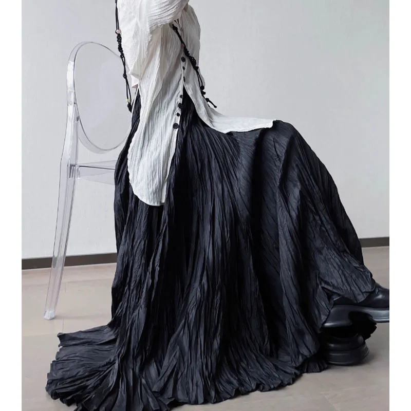 Streetwear Vintage Black Pleated Women Skirt High Waist Fairy Irregular Y2k Aesthetic A-line Long Skirts Harajuku Grunge Faldas
