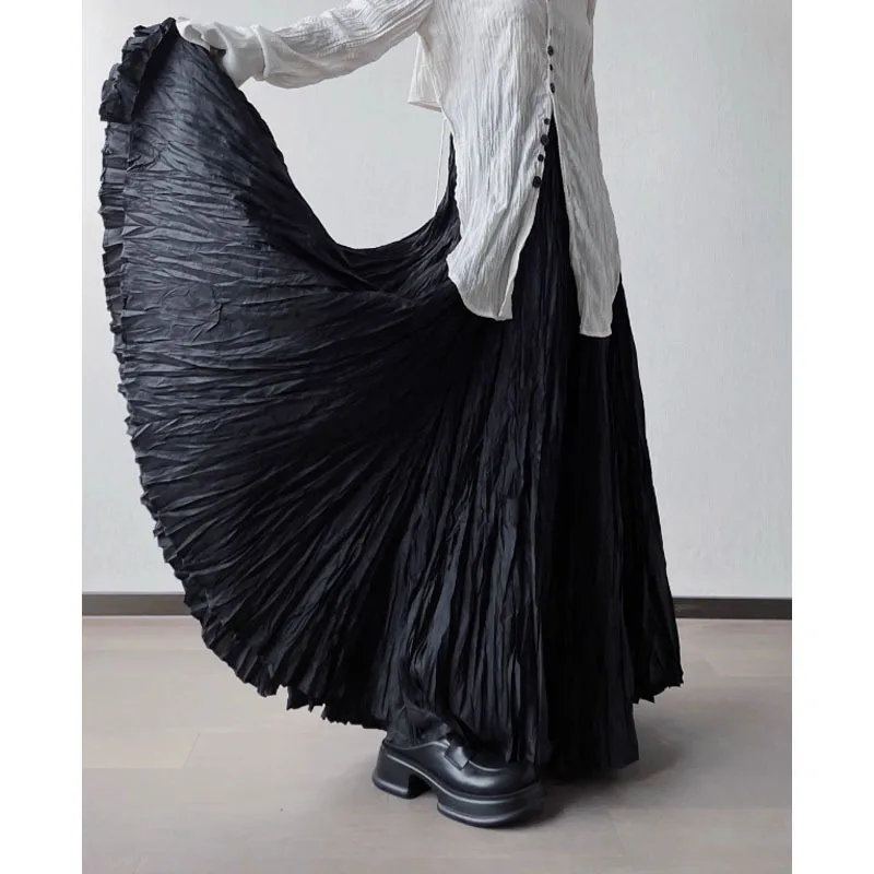 Streetwear Vintage Black Pleated Women Skirt High Waist Fairy Irregular Y2k Aesthetic A-line Long Skirts Harajuku Grunge Faldas