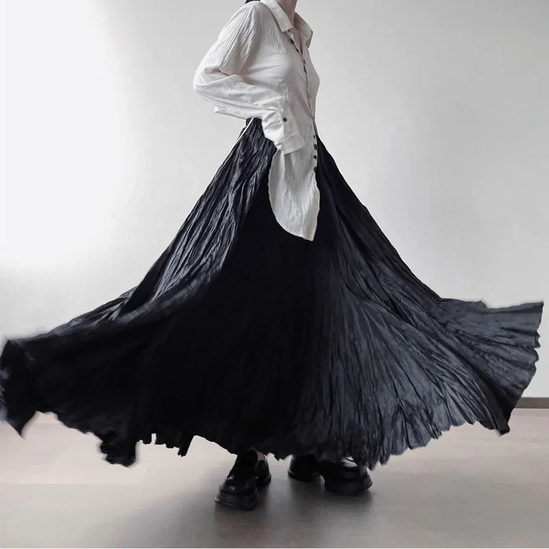 Streetwear Vintage Black Pleated Women Skirt High Waist Fairy Irregular Y2k Aesthetic A-line Long Skirts Harajuku Grunge Faldas