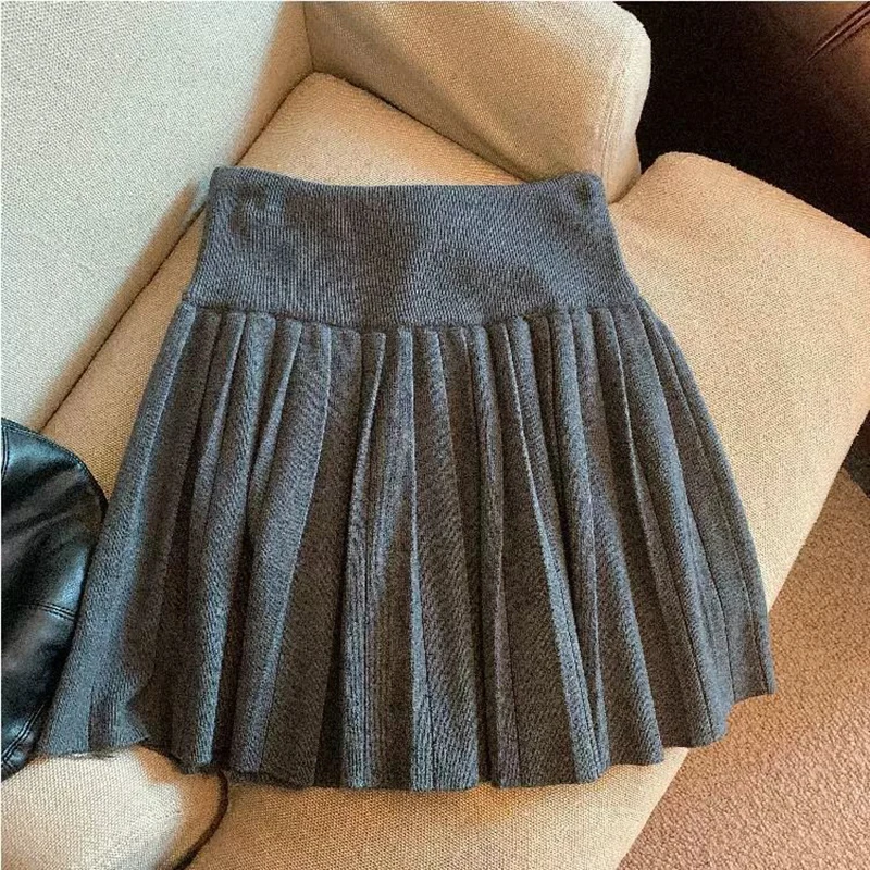 Vintage Knitted Mini Skirt Women Fall Sweet Solid High Waist Lace Up Casual Skirts Korean Simple Retro Pleated Ball Gown Skirt