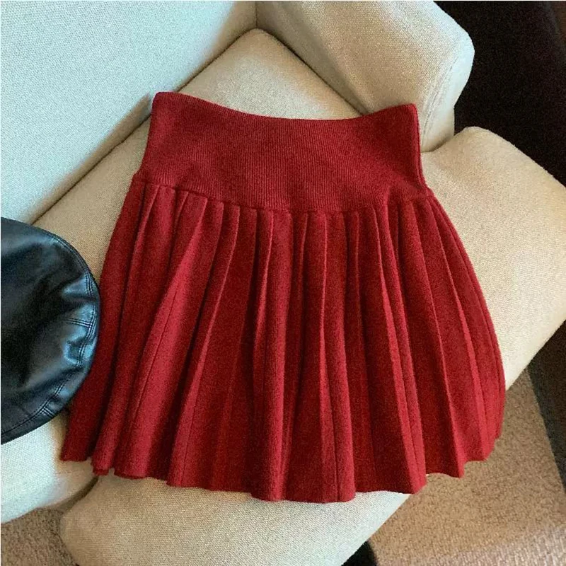 Vintage Knitted Mini Skirt Women Fall Sweet Solid High Waist Lace Up Casual Skirts Korean Simple Retro Pleated Ball Gown Skirt