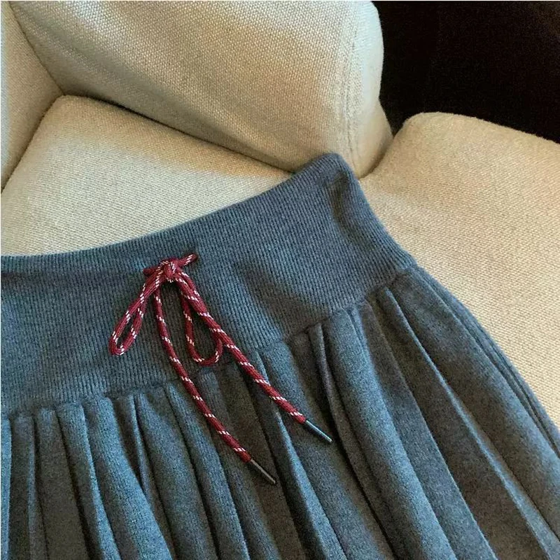 Vintage Knitted Mini Skirt Women Fall Sweet Solid High Waist Lace Up Casual Skirts Korean Simple Retro Pleated Ball Gown Skirt