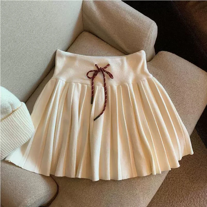 Vintage Knitted Mini Skirt Women Fall Sweet Solid High Waist Lace Up Casual Skirts Korean Simple Retro Pleated Ball Gown Skirt