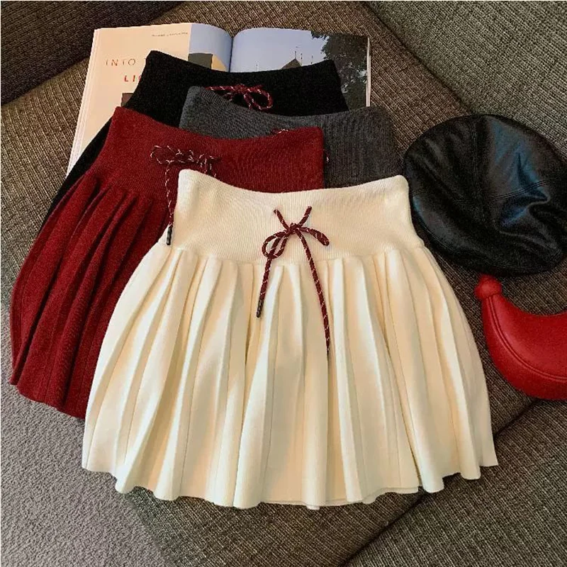Vintage Knitted Mini Skirt Women Fall Sweet Solid High Waist Lace Up Casual Skirts Korean Simple Retro Pleated Ball Gown Skirt