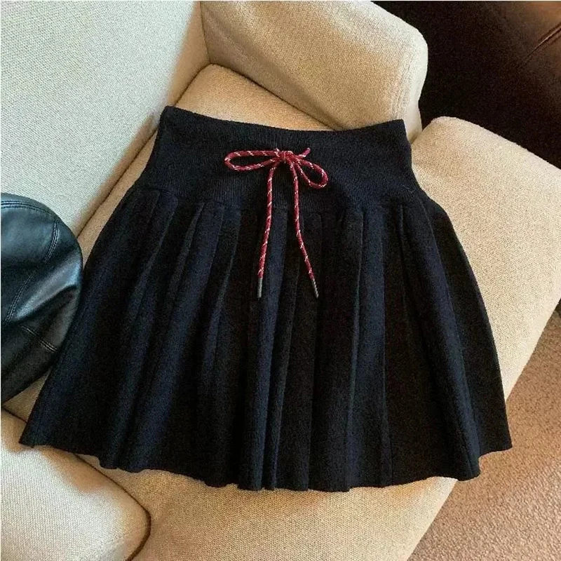 Vintage Knitted Mini Skirt Women Fall Sweet Solid High Waist Lace Up Casual Skirts Korean Simple Retro Pleated Ball Gown Skirt