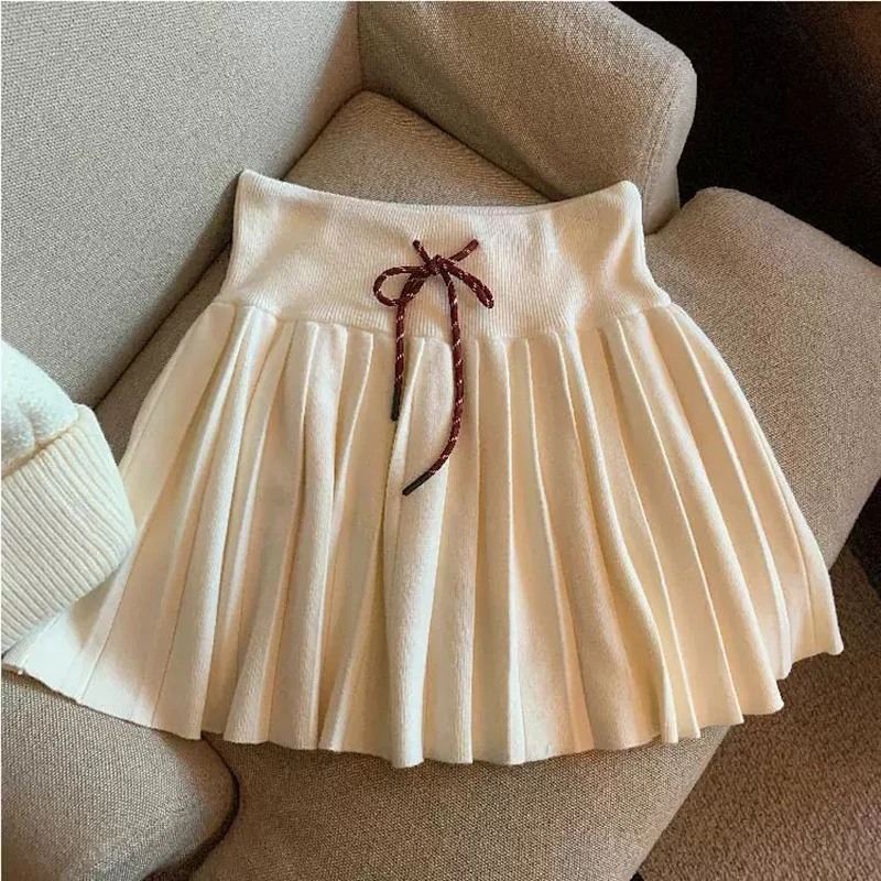 Vintage Knitted Mini Skirt Women Fall Sweet Solid High Waist Lace Up Casual Skirts Korean Simple Retro Pleated Ball Gown Skirt