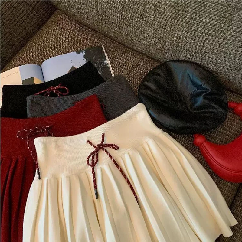 Vintage Knitted Mini Skirt Women Fall Sweet Solid High Waist Lace Up Casual Skirts Korean Simple Retro Pleated Ball Gown Skirt