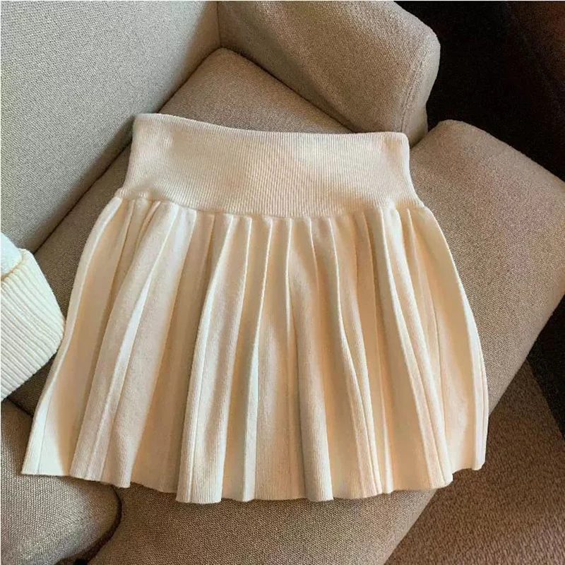 Vintage Knitted Mini Skirt Women Fall Sweet Solid High Waist Lace Up Casual Skirts Korean Simple Retro Pleated Ball Gown Skirt