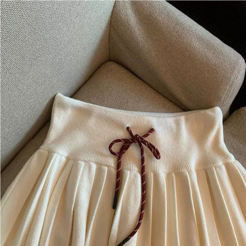 Vintage Knitted Mini Skirt Women Fall Sweet Solid High Waist Lace Up Casual Skirts Korean Simple Retro Pleated Ball Gown Skirt