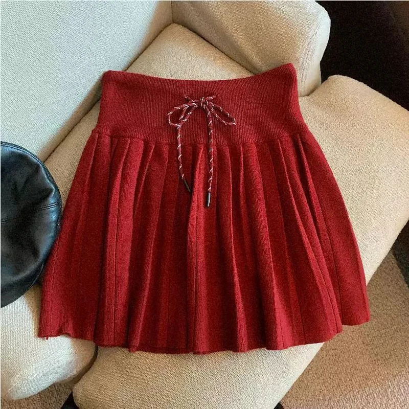 Vintage Knitted Mini Skirt Women Fall Sweet Solid High Waist Lace Up Casual Skirts Korean Simple Retro Pleated Ball Gown Skirt