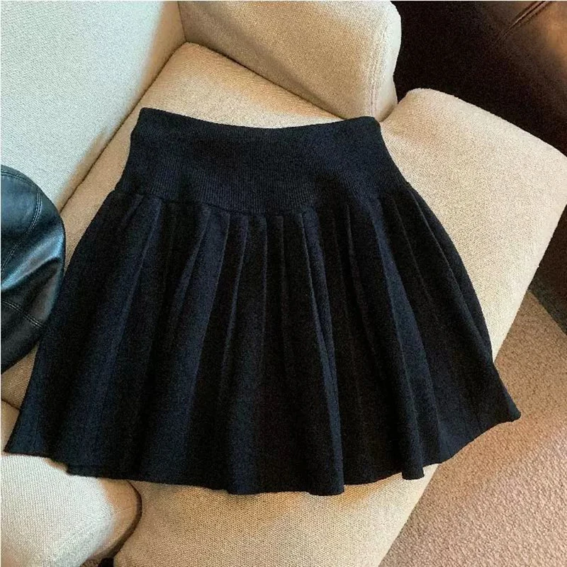 Vintage Knitted Mini Skirt Women Fall Sweet Solid High Waist Lace Up Casual Skirts Korean Simple Retro Pleated Ball Gown Skirt