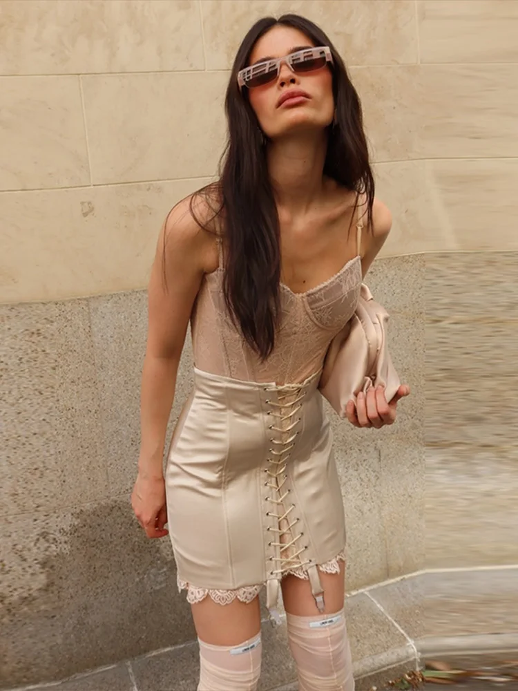 Women Elegant Satin Skirt Lace Hem Bodycon Mini Skirts High‑Waist Lace‑Up Front Midi Skirt Y2k Party Wear All-match Streetwear