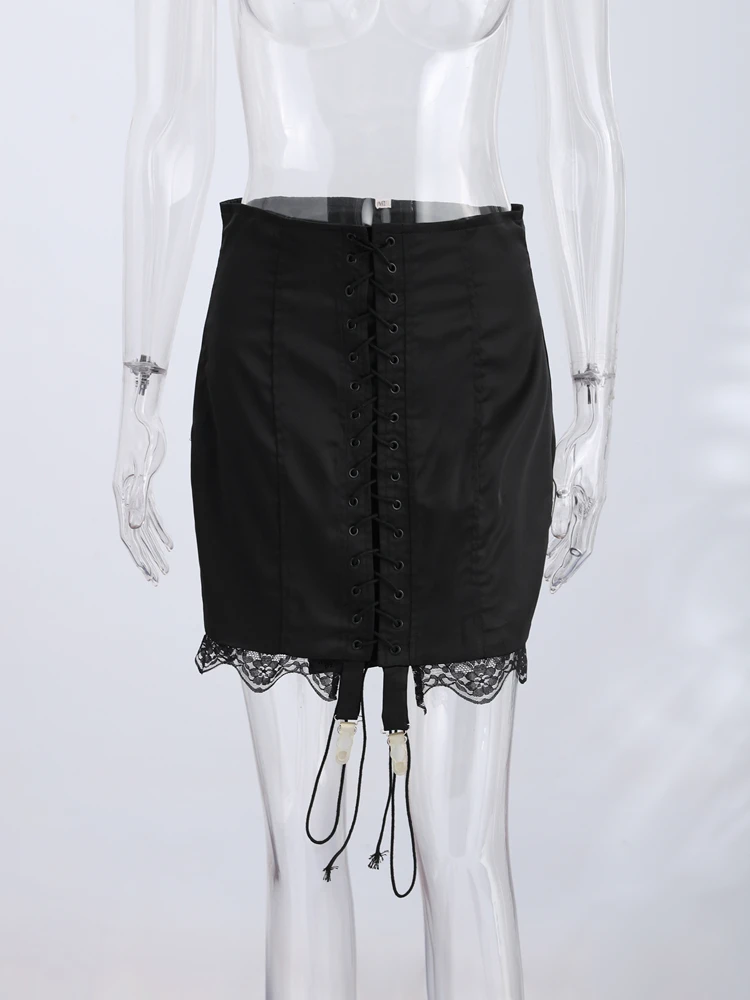Women Elegant Satin Skirt Lace Hem Bodycon Mini Skirts High‑Waist Lace‑Up Front Midi Skirt Y2k Party Wear All-match Streetwear