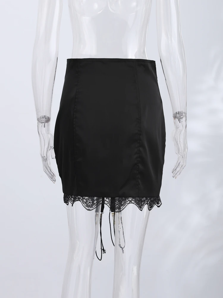 Women Elegant Satin Skirt Lace Hem Bodycon Mini Skirts High‑Waist Lace‑Up Front Midi Skirt Y2k Party Wear All-match Streetwear