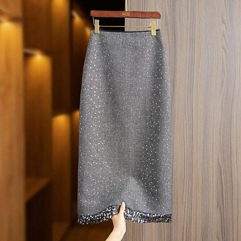 Vintage Elegant Sequin Skirts A-line Gray Skirts Spring Autumn New Skirt for Women High Waist Mid-length Faldas Mujer Moda