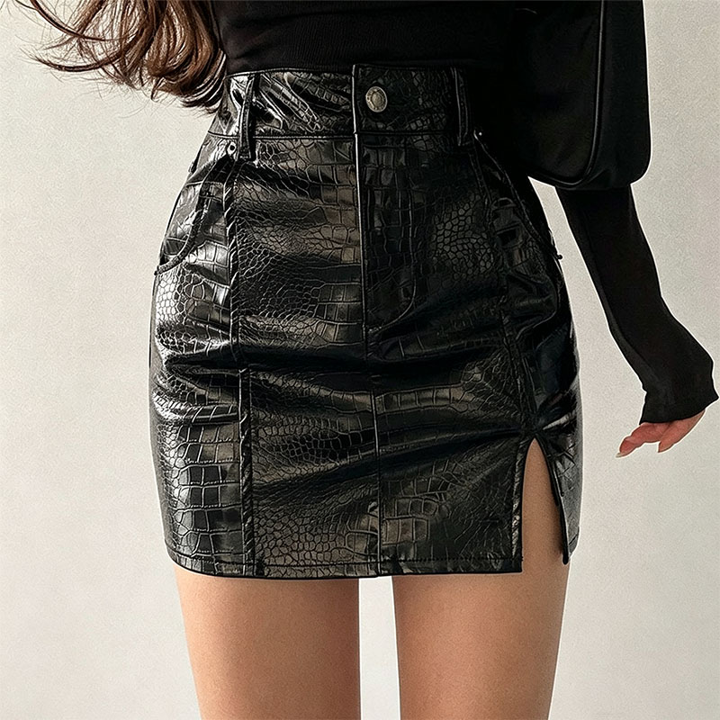 black Crocodile Embossed Leather Skirts women Fashion Side Split Bodycon PU Mini Skirts women Sexy Club Streetwear Short Skirt