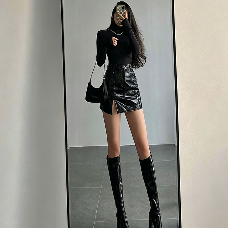 black Crocodile Embossed Leather Skirts women Fashion Side Split Bodycon PU Mini Skirts women Sexy Club Streetwear Short Skirt