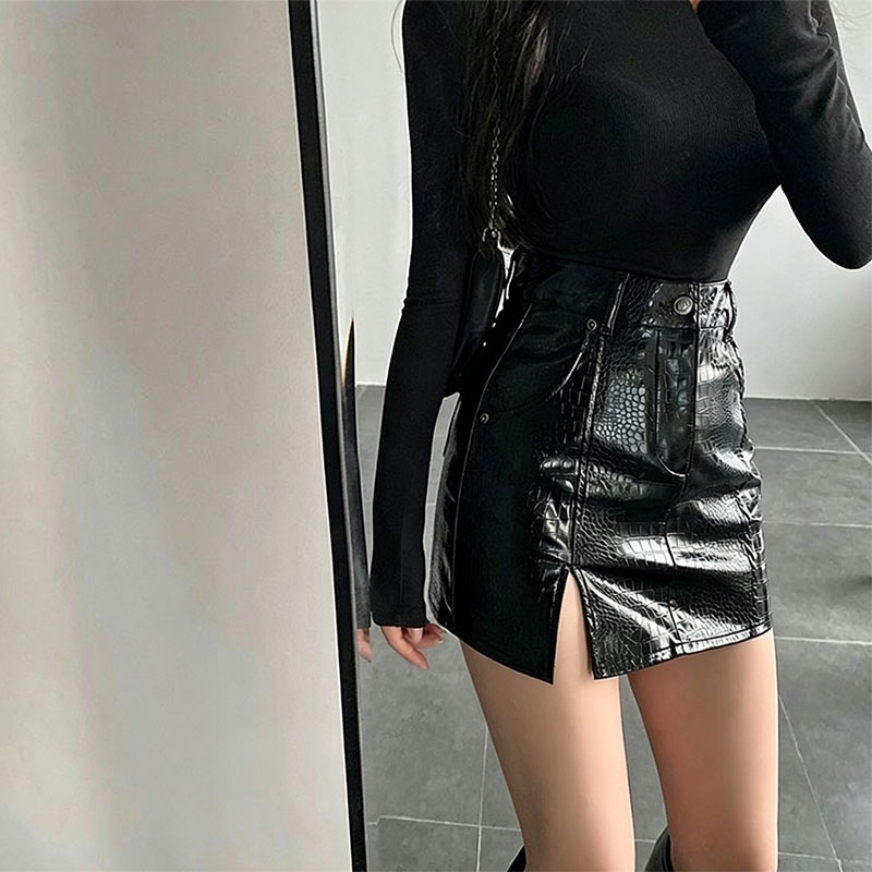 black Crocodile Embossed Leather Skirts women Fashion Side Split Bodycon PU Mini Skirts women Sexy Club Streetwear Short Skirt