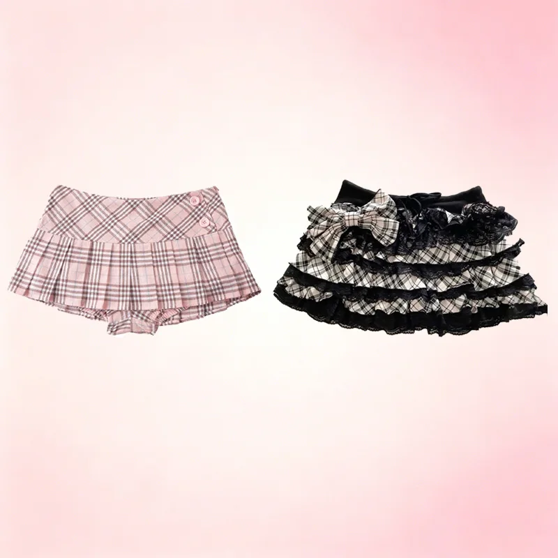 2 Styles Y2K Mini Skirts Set Women Pink Plaid Pleated Skort Black White Plaid Lace Bow Cake Skirt Kawaii Streetwear Short Skirts