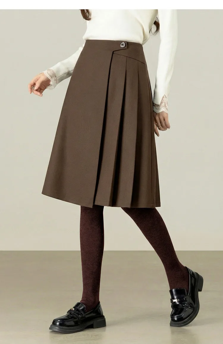 SENTUBILA A Line Skirt for Women 2026 High Waisted Button Decor Irregular Side Pleated Skirt Casual Warm Lady Clothing 154QB6391