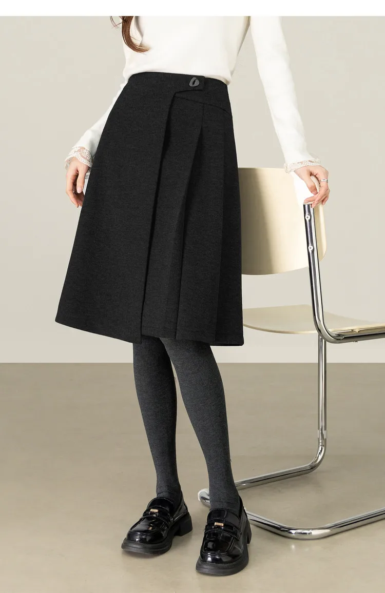 SENTUBILA A Line Skirt for Women 2026 High Waisted Button Decor Irregular Side Pleated Skirt Casual Warm Lady Clothing 154QB6391