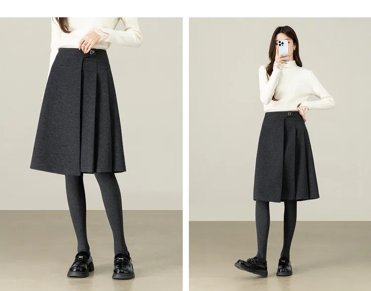 SENTUBILA A Line Skirt for Women 2026 High Waisted Button Decor Irregular Side Pleated Skirt Casual Warm Lady Clothing 154QB6391