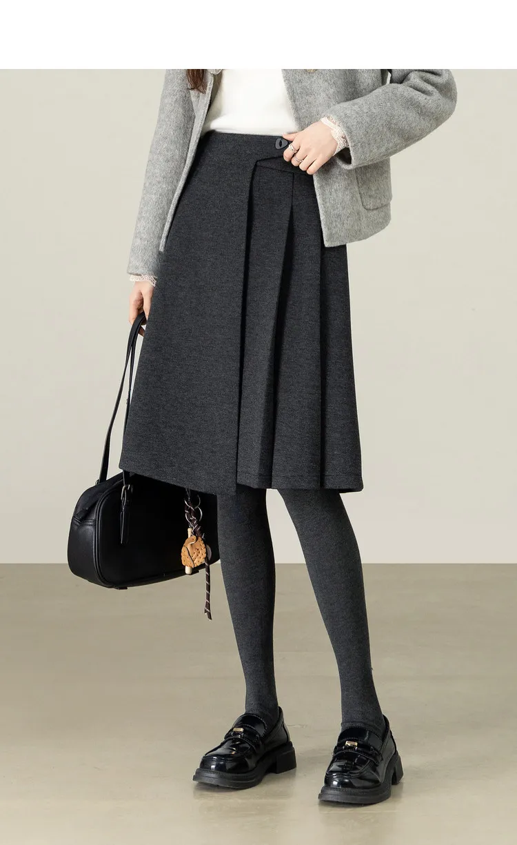 SENTUBILA A Line Skirt for Women 2026 High Waisted Button Decor Irregular Side Pleated Skirt Casual Warm Lady Clothing 154QB6391