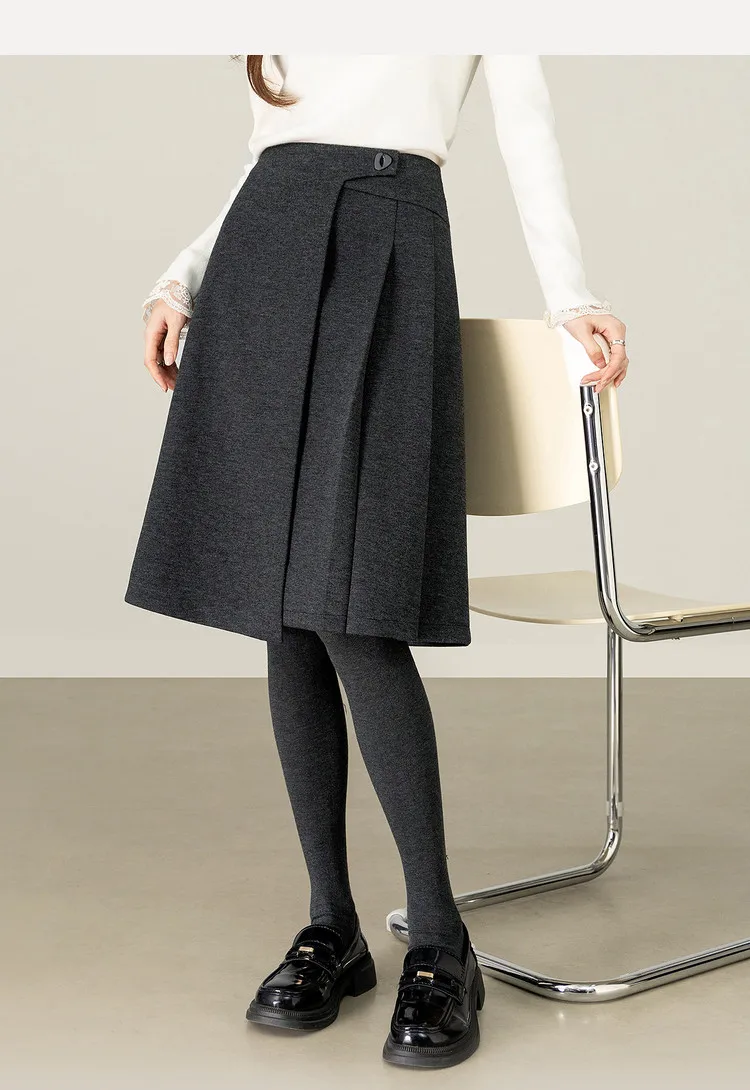 SENTUBILA A Line Skirt for Women 2026 High Waisted Button Decor Irregular Side Pleated Skirt Casual Warm Lady Clothing 154QB6391
