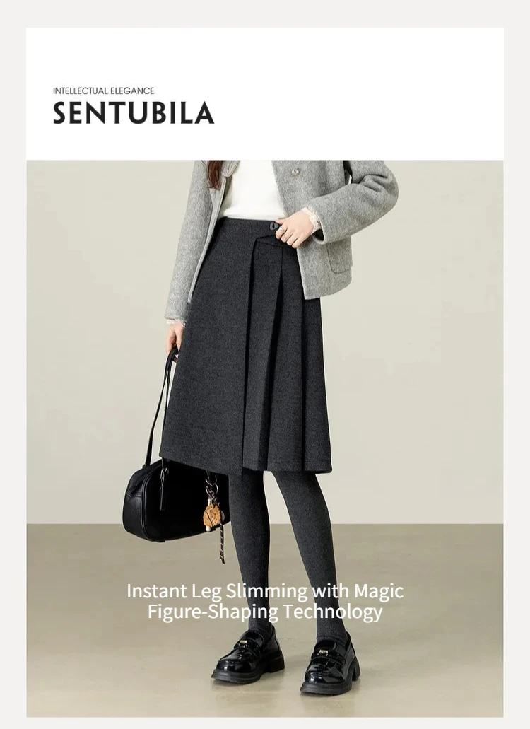 SENTUBILA A Line Skirt for Women 2026 High Waisted Button Decor Irregular Side Pleated Skirt Casual Warm Lady Clothing 154QB6391