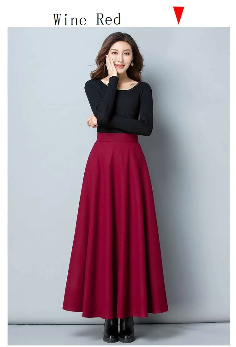 FairyShely 2026 Autumn Winter Retro High Waist Pleated Skirt Women Casual Pocket Woolen Maxi Skirt female Flare Red Long skirt