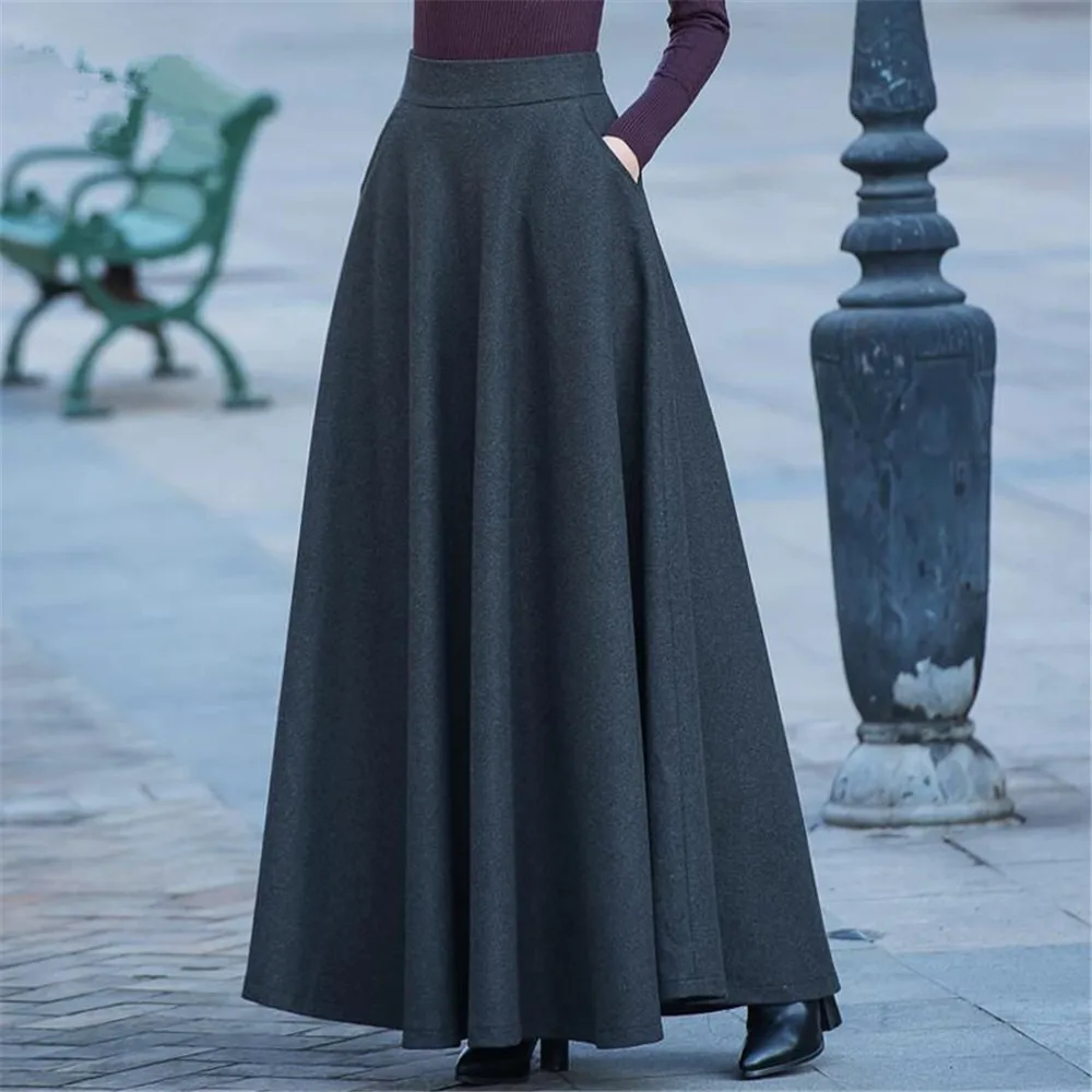 FairyShely 2026 Autumn Winter Retro High Waist Pleated Skirt Women Casual Pocket Woolen Maxi Skirt female Flare Red Long skirt
