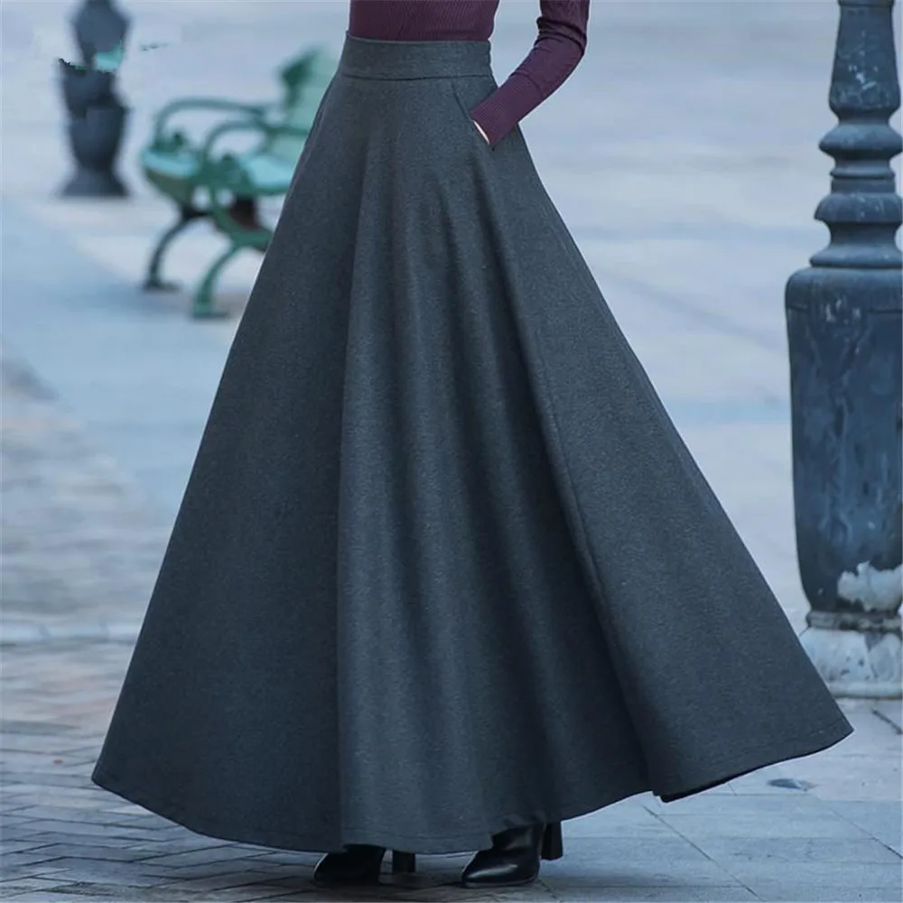 FairyShely 2026 Autumn Winter Retro High Waist Pleated Skirt Women Casual Pocket Woolen Maxi Skirt female Flare Red Long skirt