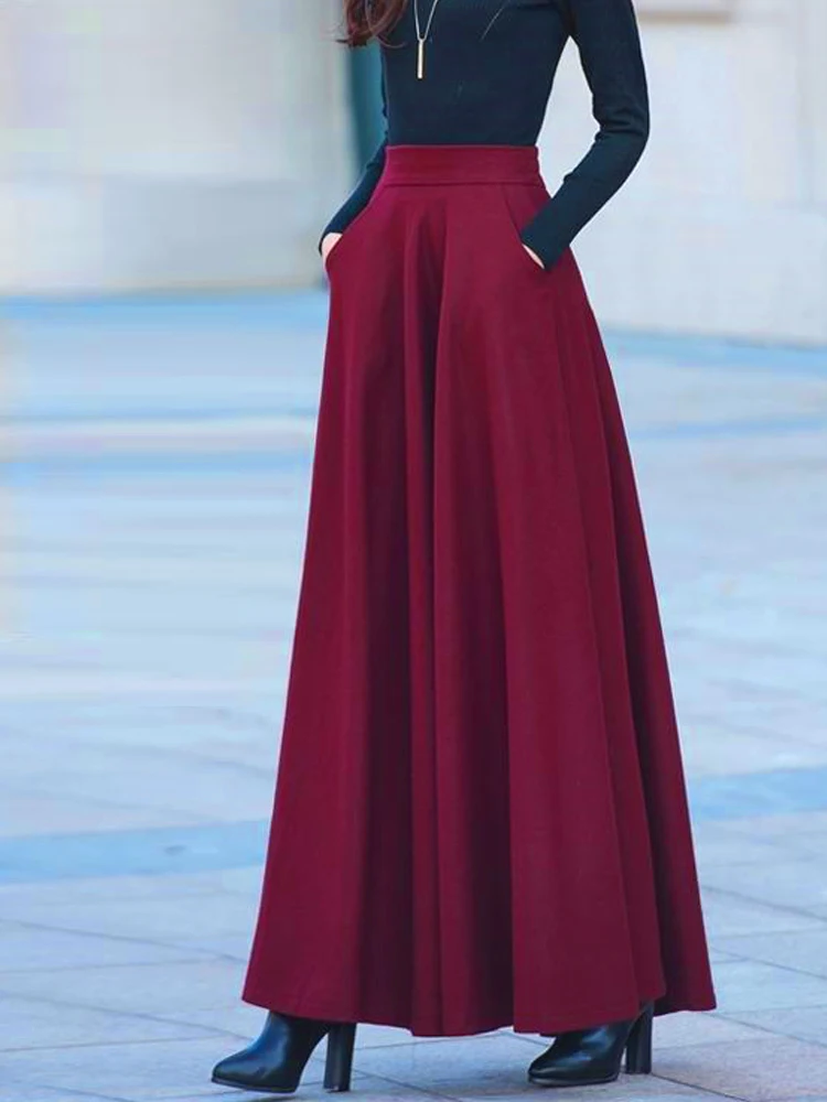 FairyShely 2026 Autumn Winter Retro High Waist Pleated Skirt Women Casual Pocket Woolen Maxi Skirt female Flare Red Long skirt