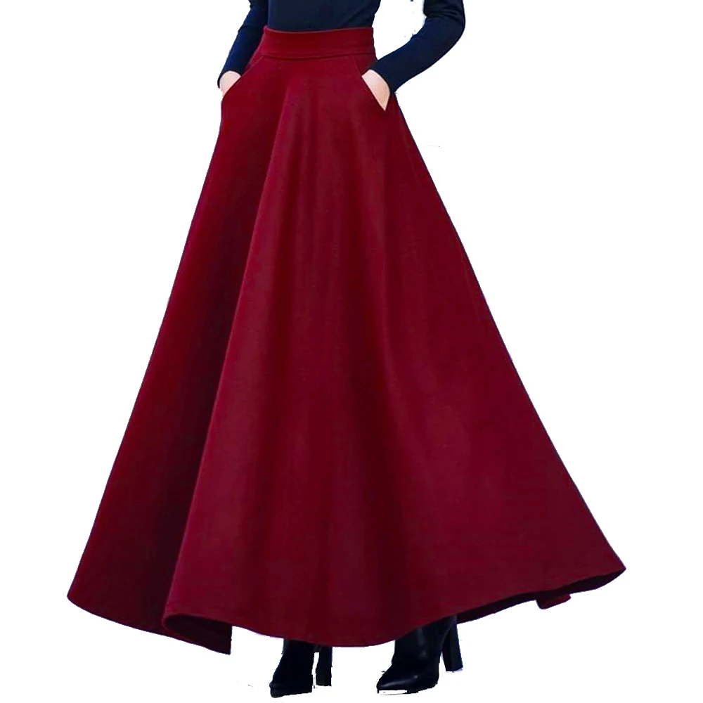 FairyShely 2026 Autumn Winter Retro High Waist Pleated Skirt Women Casual Pocket Woolen Maxi Skirt female Flare Red Long skirt