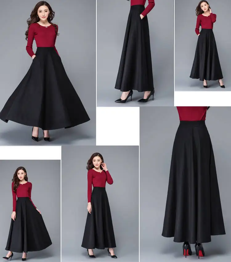 FairyShely 2026 Autumn Winter Retro High Waist Pleated Skirt Women Casual Pocket Woolen Maxi Skirt female Flare Red Long skirt