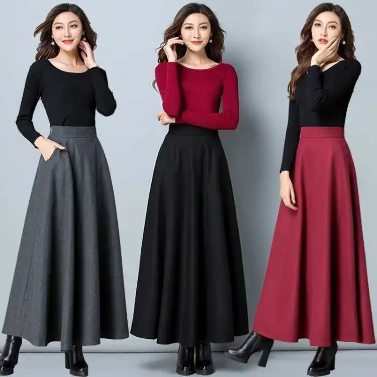 FairyShely 2026 Autumn Winter Retro High Waist Pleated Skirt Women Casual Pocket Woolen Maxi Skirt female Flare Red Long skirt