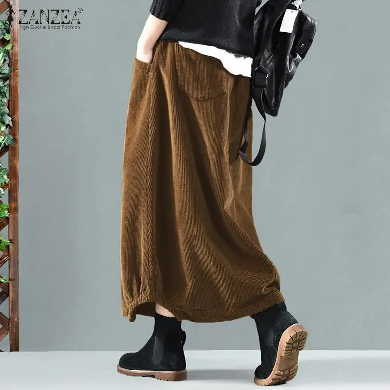 2025 ZANZEA Women Corduroy Skirts Casual Elastic Waist Long Skirt Female Faldas Saia Autumn Vintage Solid Jupe Vestidos Oversize