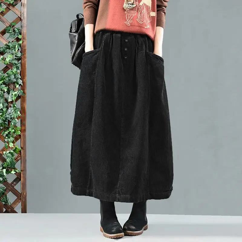 2025 ZANZEA Women Corduroy Skirts Casual Elastic Waist Long Skirt Female Faldas Saia Autumn Vintage Solid Jupe Vestidos Oversize