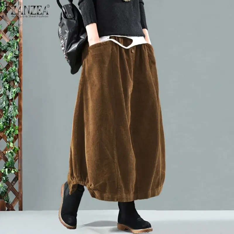 2025 ZANZEA Women Corduroy Skirts Casual Elastic Waist Long Skirt Female Faldas Saia Autumn Vintage Solid Jupe Vestidos Oversize