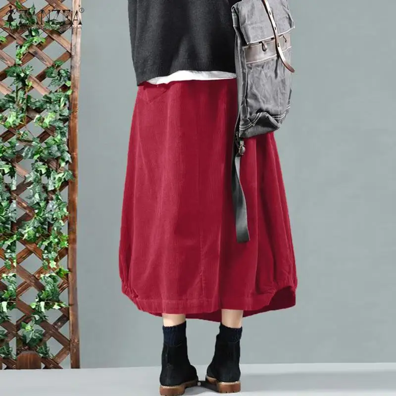 2025 ZANZEA Women Corduroy Skirts Casual Elastic Waist Long Skirt Female Faldas Saia Autumn Vintage Solid Jupe Vestidos Oversize