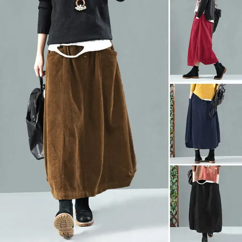 2025 ZANZEA Women Corduroy Skirts Casual Elastic Waist Long Skirt Female Faldas Saia Autumn Vintage Solid Jupe Vestidos Oversize
