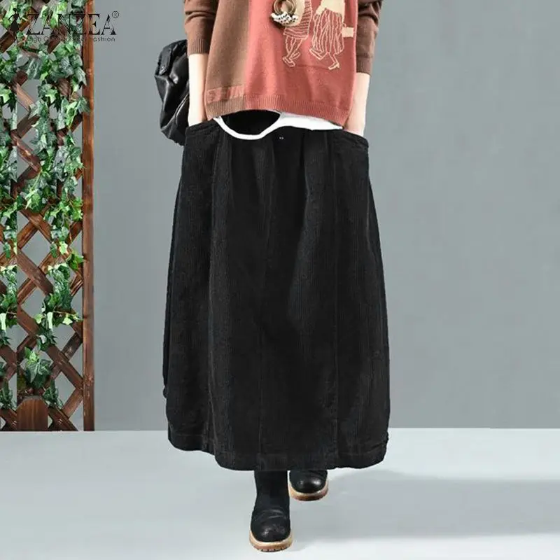 2025 ZANZEA Women Corduroy Skirts Casual Elastic Waist Long Skirt Female Faldas Saia Autumn Vintage Solid Jupe Vestidos Oversize