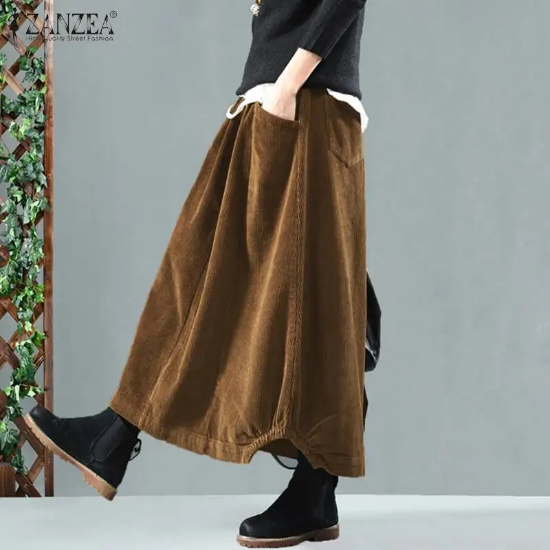 2025 ZANZEA Women Corduroy Skirts Casual Elastic Waist Long Skirt Female Faldas Saia Autumn Vintage Solid Jupe Vestidos Oversize