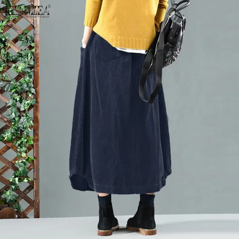 2025 ZANZEA Women Corduroy Skirts Casual Elastic Waist Long Skirt Female Faldas Saia Autumn Vintage Solid Jupe Vestidos Oversize