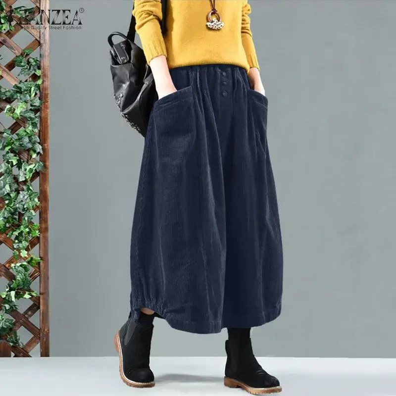 2025 ZANZEA Women Corduroy Skirts Casual Elastic Waist Long Skirt Female Faldas Saia Autumn Vintage Solid Jupe Vestidos Oversize