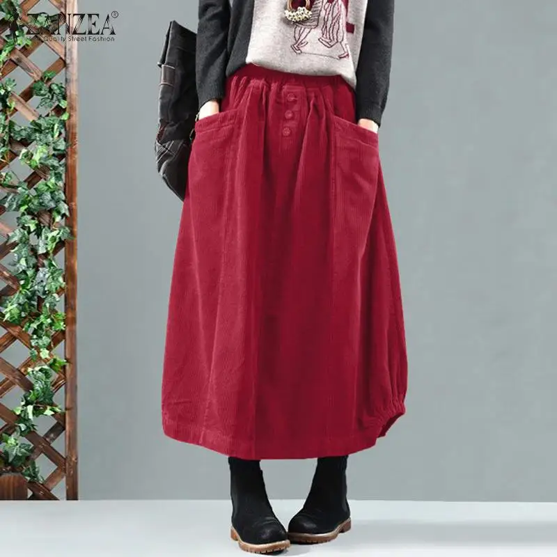 2025 ZANZEA Women Corduroy Skirts Casual Elastic Waist Long Skirt Female Faldas Saia Autumn Vintage Solid Jupe Vestidos Oversize
